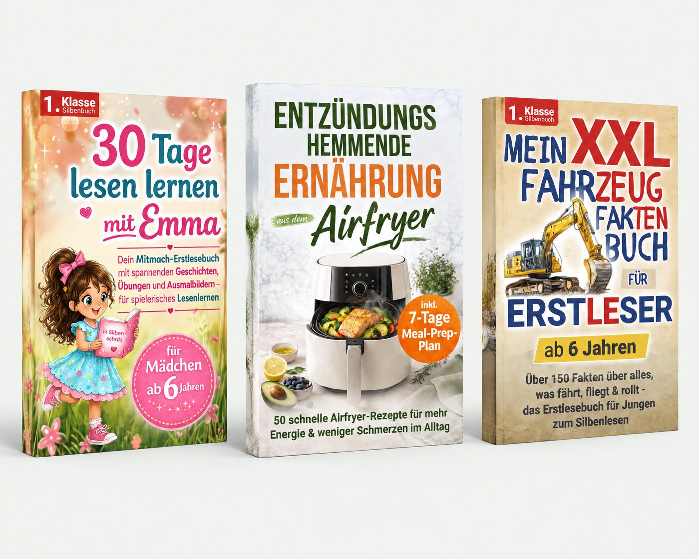 Drei Bücher des PM Vision Verlags: 30 Tage lesen lernen mit Emma, Entzündungshemmende Ernährung aus dem Airfryer, Mein XXL Fahrzeug Fakten Buch
